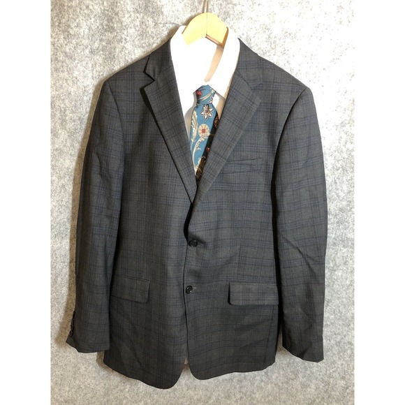 Hickey Freeman Blazer 40L Gray Glen Plaid Wool Suit Coat Jacket Career Casual